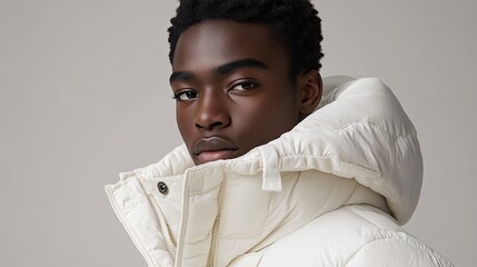 A young man with short black hair and brown eyes is wearing a white puffer jacket with the hood up. He is looking at the camera with a serious expression on his face.
