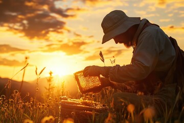 Fototapeta premium Sunset moments of a beekeeper harvesting golden honeycomb in nature. Generative AI