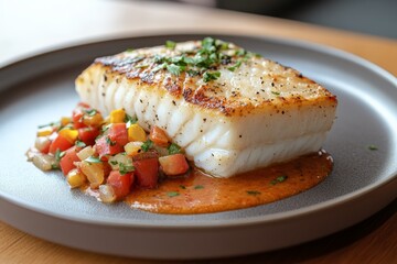 Grilled white fish served with fresh vegetable salsa and sauce on a simple plate