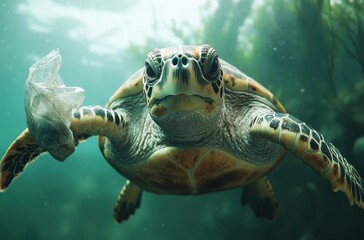 Obraz premium Majestic Sea Turtle Swimming in Ocean with Plastic Waste, Highlighting Marine Pollution and Threats to Aquatic Life and Ecosystem Conservation Efforts
