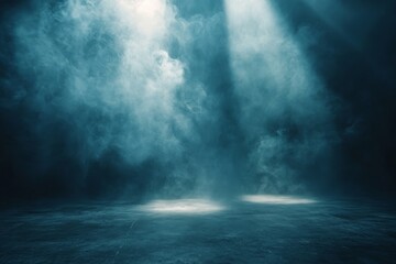 Fototapeta premium Bright beams of light pierce through fog in a dimly lit space creating an ethereal atmosphere