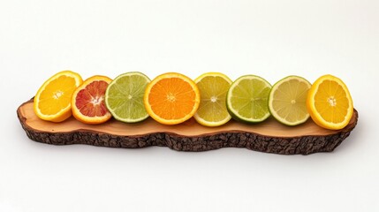Vibrant Arrangement of Sliced Citrus Fruits on Rustic Wooden Board