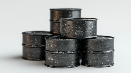 Black oil barrels stacked on white background, potential hazard