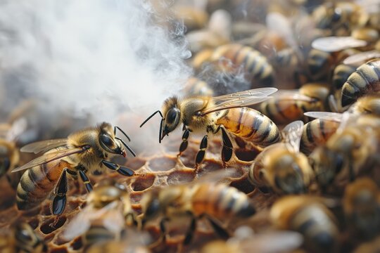 Beekeeper calming bees with smoke during hive inspection in serene afternoon light. Generative AI