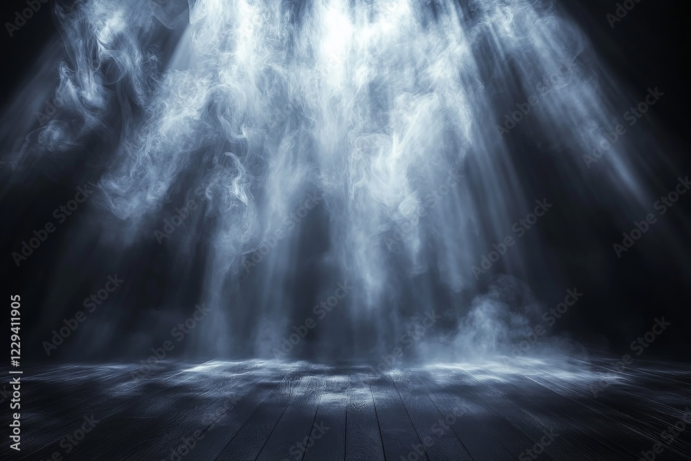 Poster soft light beams illuminate a misty atmosphere in a dimly lit space