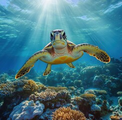 Naklejka premium Majestic Sea Turtle Swimming Through Clear Tropical Waters Surrounded by Vibrant Coral and Sunlight Beams in a Stunning Underwater Landscape