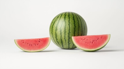 Fresh Whole Watermelon with Slices on White Background