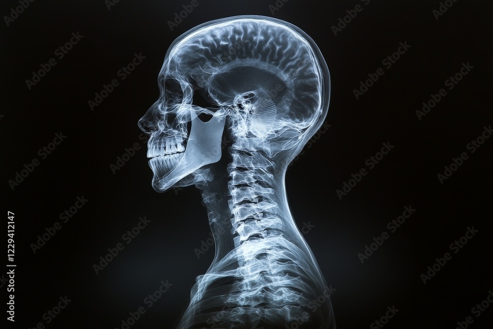 Aufkleber Detailed X-ray of a human skull and spinal column showing the inner structure and brain in profile view