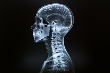 Detailed X-ray of a human skull and spinal column showing the inner structure and brain in profile view