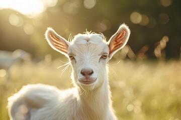 Obraz premium White goat kid in sunny meadow. Generative AI, AI generated