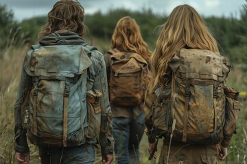 Obraz premium Two woman and a man in adventurous and dirty outfits hike in the great outdoors. AI generated, AI generated