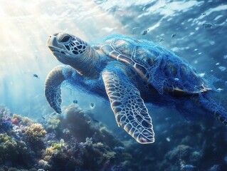 Majestic Sea Turtle Swimming Through Ocean Depths, Entangled in Fishing Net Amidst Colorful Coral Reef and School of Small Fish in Clear Water