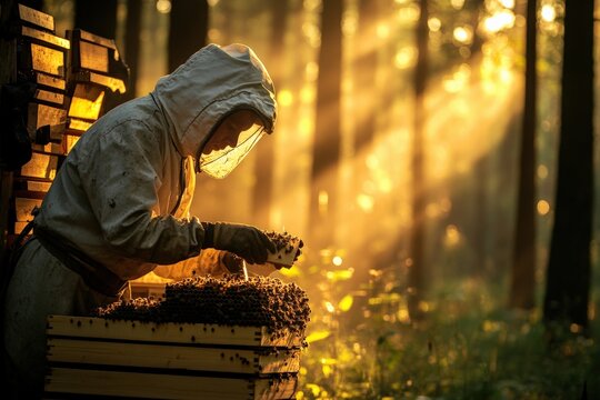 Golden evening light illuminates a beekeeper tending to a hive. Generative AI - Powered by Adobe