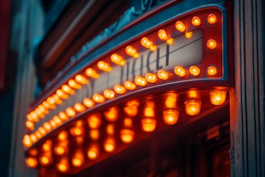 Marquee with glow from lights at a theater in the evening showcasing local performances in a vibrant urban area