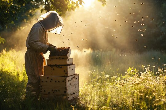 Evening golden light creates magic around a beekeeper working with beehives. Generative AI