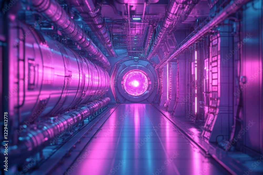 Poster Futuristic corridor with neon lighting and circular portal in a high-tech environment