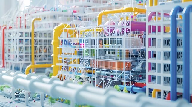 Complex and brightly colored industrial structure with intricate pipelines and abstract design, Paris, illustration, AI generated