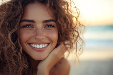 Smiling woman with curly hair enjoying sunset by the beach with soft waves in the background