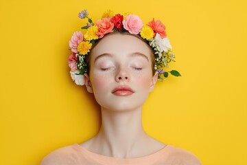 A woman wearing a flower headband and a pink dress. She is looking at the camera with a peaceful expression