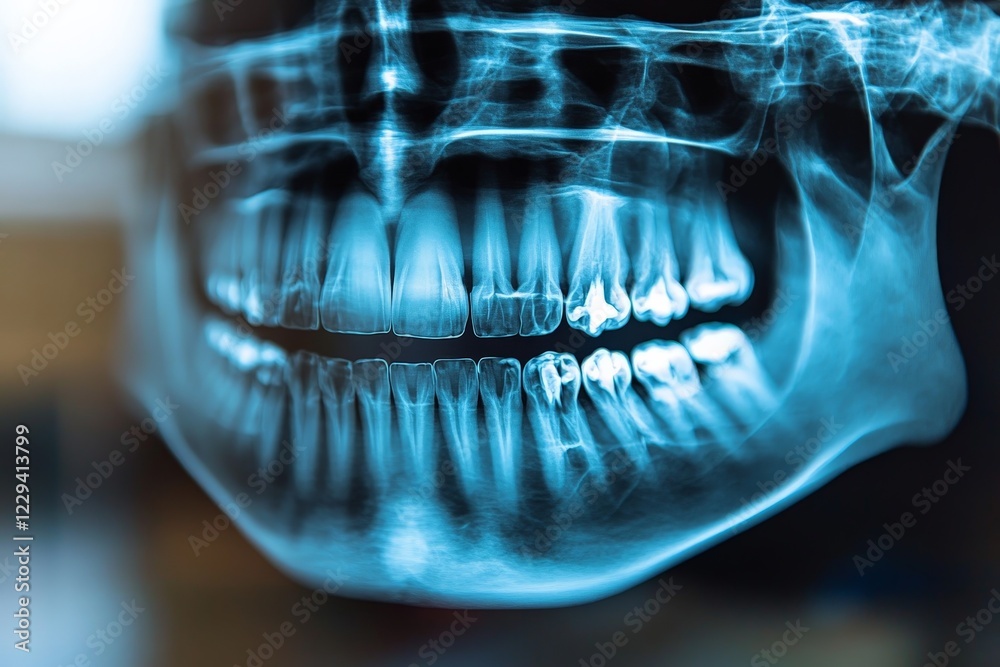 Poster detailed dental x-ray showing upper and lower jaw with visible teeth alignment and structure in a cl