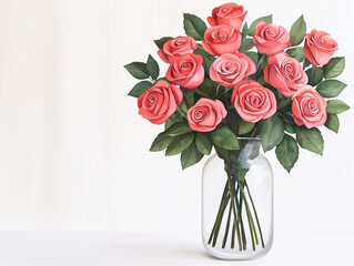 Fototapeta premium A beautiful bouquet of pink roses in a clear vase on a light wooden surface