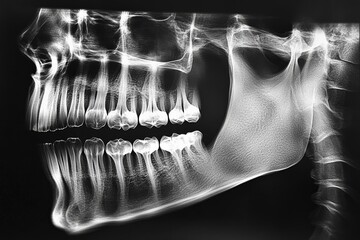 Detailed dental X-ray showing the complete jaw and teeth with visible roots taken in a clinical setting during a routine examination