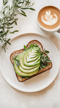 Avocado Toast with Fresh Herbs and Latte Art Coffee &ndash; Minimalist Breakfast Delight