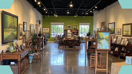 Obraz premium Gallery interior showcasing art, furniture, and parking lot view
