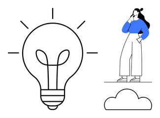 Woman pondering a solution, large lightbulb indicating an idea, and a cloud outline. Ideal for creativity, innovation, brainstorming, problem-solving, inspiration, motivation future thinking