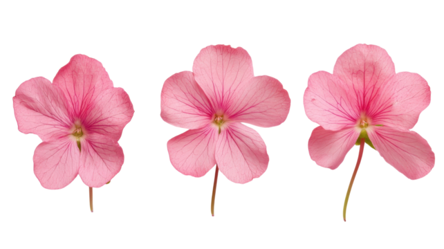 Three delicate pink flowers showcasing distinct variations in petal structure and color against a clean white background