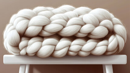 Chunky knit blanket on stool, soft wool texture, beige background, home decor