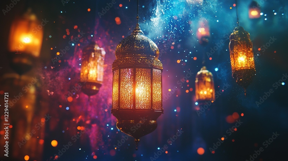 Fototapete Mosque and candle lanterns with moon hanging Ramadan kareem template. Colorful Background Meteor Splash Flakes Overlay for Dynamic Visuals 