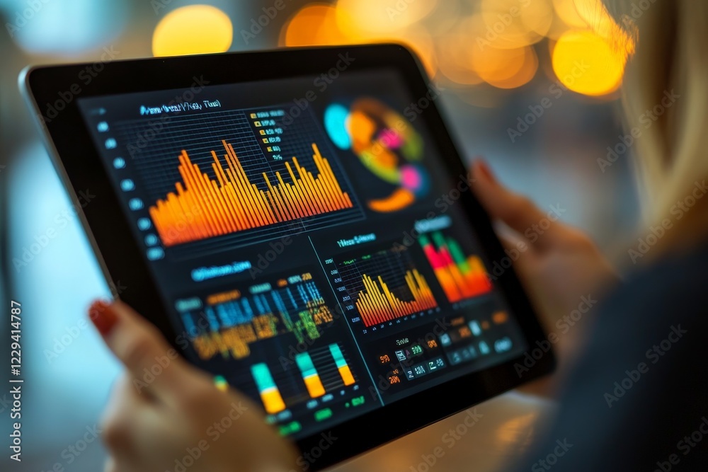 Aufkleber Analyzing data trends on a tablet in a modern workspace during evening hours