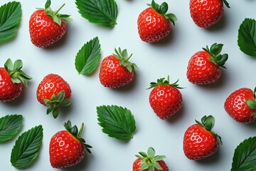 Fresh strawberries arranged with green leaves on a light surface create a vibrant and appetizing display