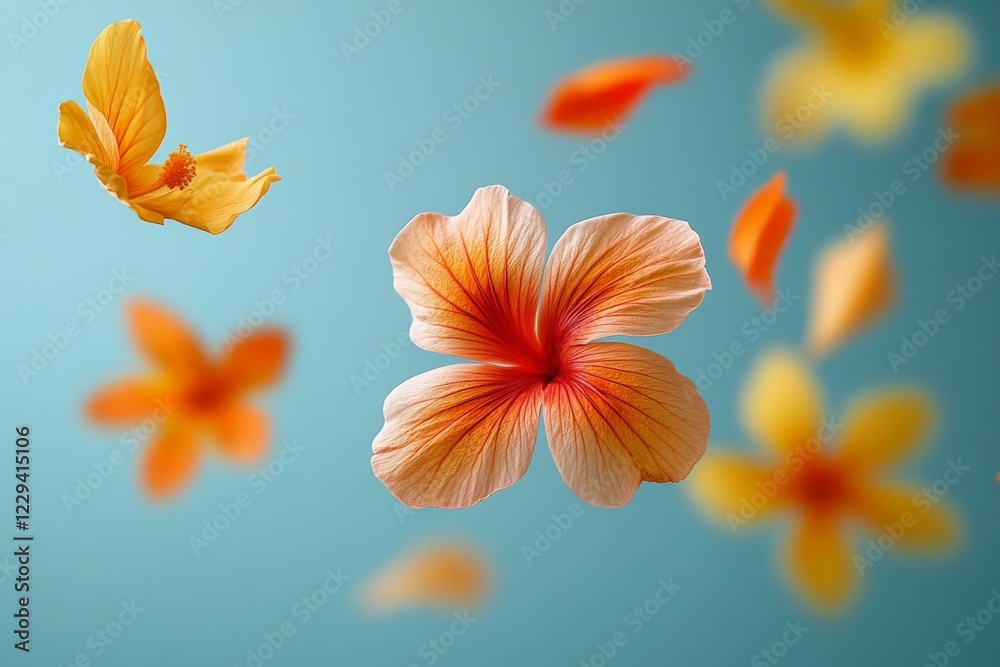 Poster colorful hibiscus flowers set against a blue background create a vibrant and lively atmosphere in a 