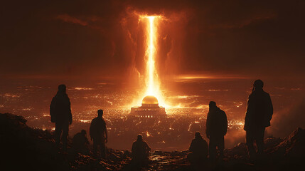 City engulfed in fiery beam, people watch from hilltop, apocalyptic scene, concept art