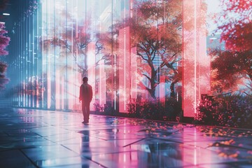 A silhouette of a person amidst neon-lit trees reflecting on a glossy surface, AI generated