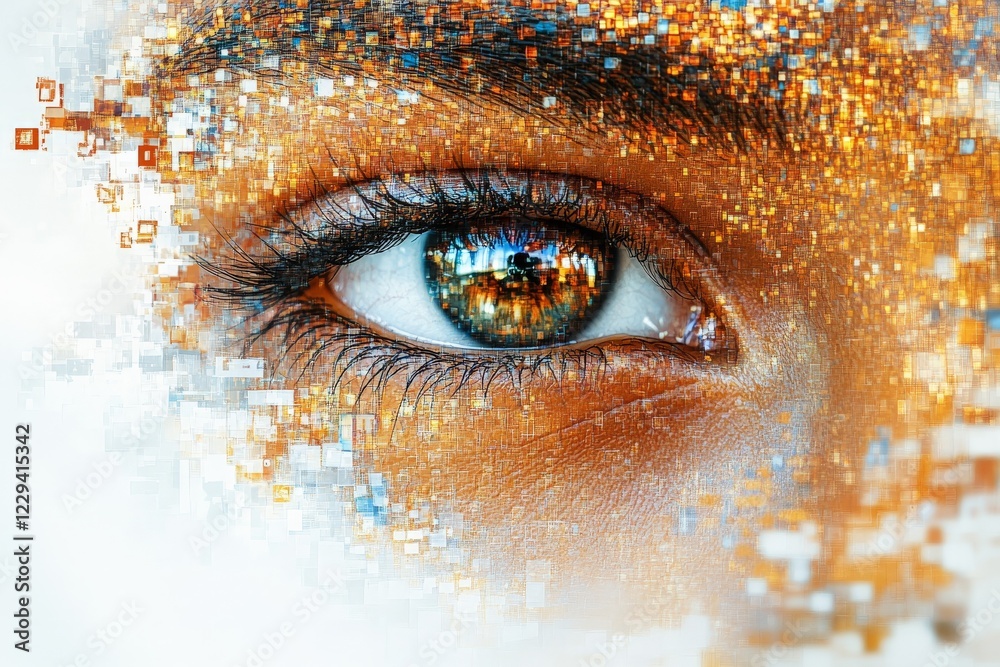 Poster eye surrounded by digital pixels reflecting vibrant colors and abstract shapes evoking technology an