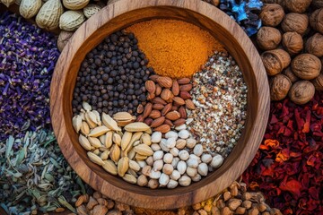 Fototapeta premium A wooden bowl filled with various types of spices