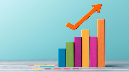 Colorful bar graph showing upward trend on a light blue background with scattered shapes
