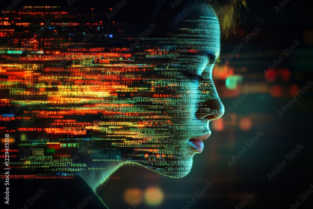 Poster digital transformation personified through a woman's profile in an artistic representation of data f