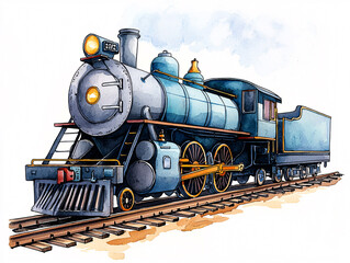 Fototapeta premium Colorful illustration of a vintage steam locomotive on tracks, surrounded by a scenic backdrop