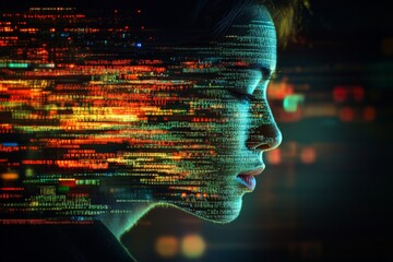 Digital transformation personified through a woman's profile in an artistic representation of data flow at night