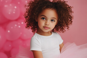Fototapeta premium Little girl with curly hair on pink birthday background
