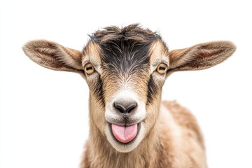 Fototapeta premium A playful white goat is sticking its tongue out against white