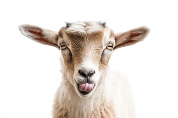 Obraz premium A playful white goat is sticking its tongue out against white