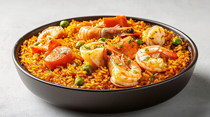 Delicious seafood paella served in a black bowl, showcasing vibrant colors and fresh ingredients