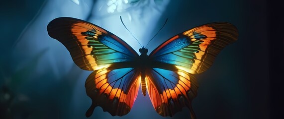 A striking close up of an ornate butterfly revealing its colorful wings in intricate detail