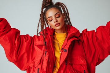 Fashion model showcasing streetwear style in vibrant red jacket and yellow top against a neutral background