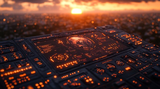 Futuristic Control Panel Sunset Cityscape